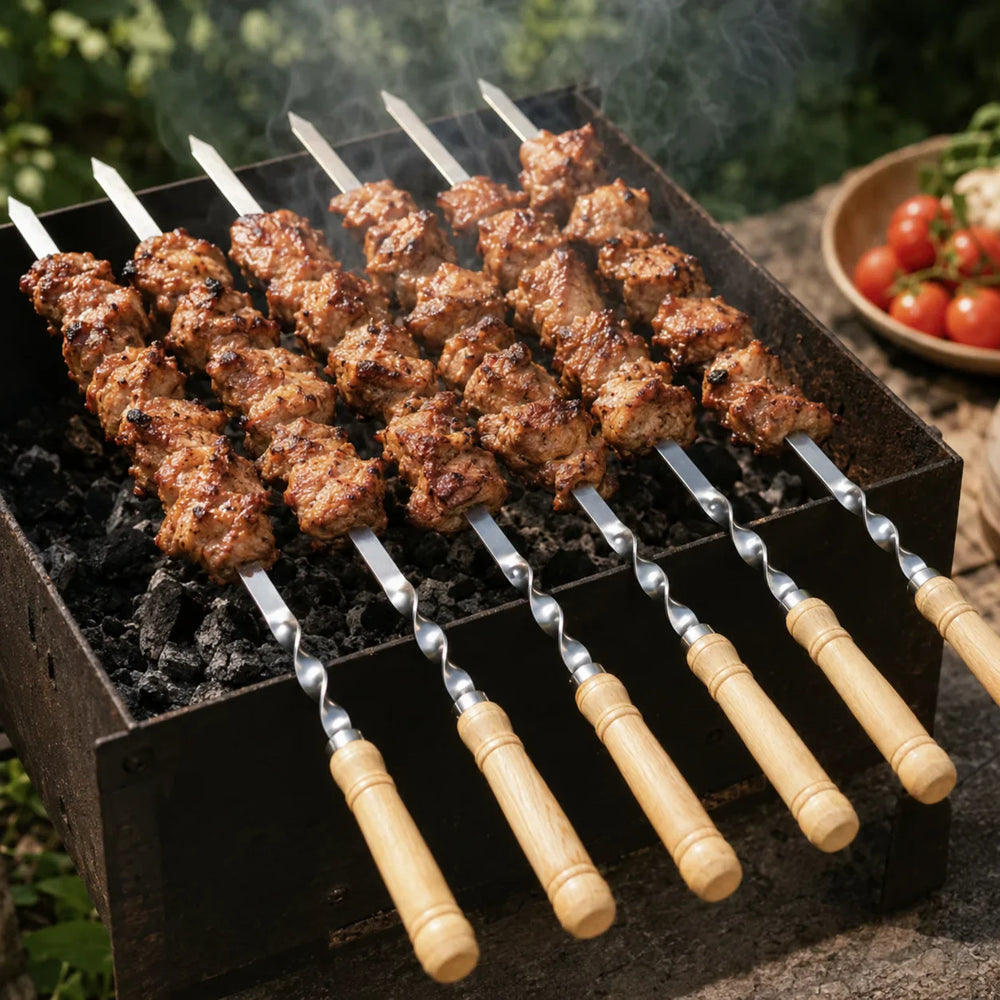 Grillspiesen van roestvrij staal met houten handvat – set van 6