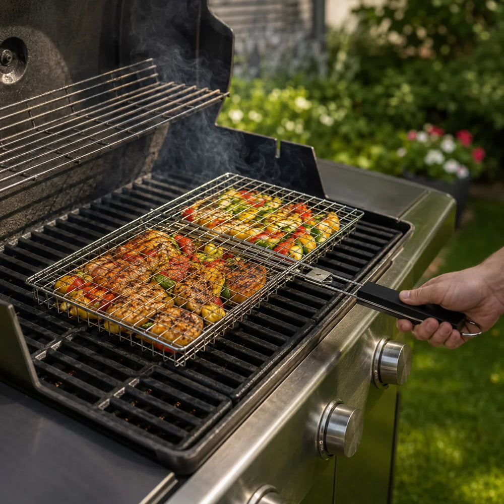 Grillmand met handvat voor vis, vlees en groenten